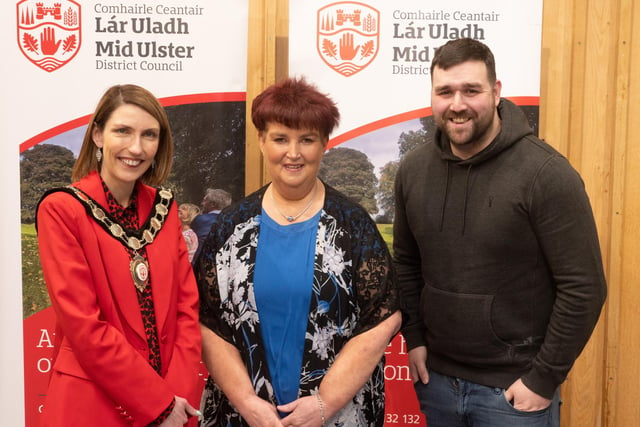 Pictured at the Civic Awards with Chair of the Council, Councillor Córa Corry, is Deirdre Fitzgerald who received a Special Recognition Award at the 2022 O’Neill’s Ulster GAA Awards. Deirdre also received the Gradaim an Uachtaráin 2023 award. Also pictured is nominating councillor, Councillor Dan Kerr.