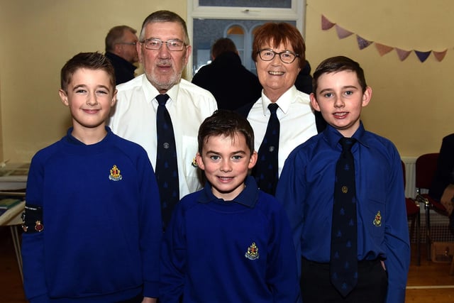 Bobby Dawson, company captain and his wife Alice pictured with three of their grandsons who are also BB members at the 1st Charlemont and Cranagill BB 40th anniversary event. Included are the Dawson boys from left, Bobby (9), Caleb (10) and Elijah (12). PT03-221.