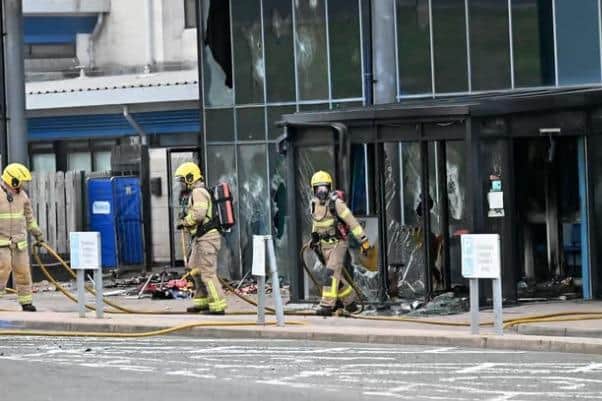 Firefighters tackling the blaze at Larne Leisure Centre on June 11. Photo: Presseye