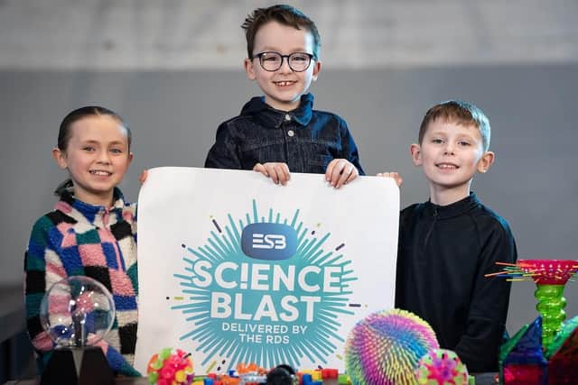 Primary schools across Northern Ireland are being encouraged to sign up now for ESB Science Blast. Enjoying the fun are Eva Liddy, Gabriel Murray and Dara Bell.