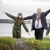 Portrush Primary School pupils Leah and Alfie join the Mayor Cllr Steven Callaghan in launching the NI International AIr Show 2024. Credit McAuley Multimedia
