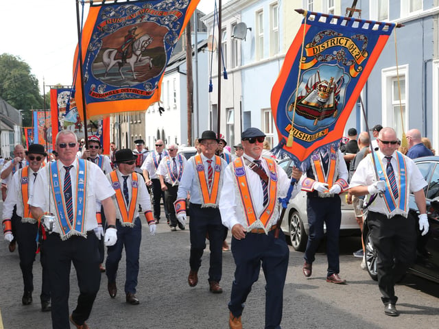 Ballymoney, Rasharkin, Cloughmills, Bushmills and Ballycastle were in attendance at the Twelfth demonstration in Ballymoney with a total of 43 Lodges and 22 bands.