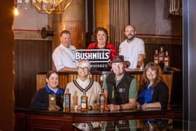 Causeway Coast and Glens Deputy Mayor, Councillor Tanya Stirling at the launch of the 2024 Bushmills Salmon and Whiskey Festival in the Old Bushmills Distillery with local chefs Gary Stewart, Tartine at The Distillers Arms, Ian Orr, Bushmills Townhouse and Paula McIntyre, Alastair Bell, Irish Black Butter and Laura Adams and Julie Dixon, Bushmills Distillery. CREDIT CAUSEWAY COAST AND GLENS