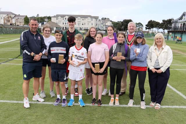 Mayor of Causeway Coast and Glens, Councillor Steven Callaghan, Deputy Mayor, Councillor Margaret-Anne McKillop, with referee Sean Moloney and winners of the Junior Tennis Tournament at the Alex McFarland Tennis Courts, Ballycastle. Credit McAuley Multimedia