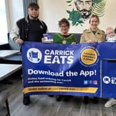 Carrick Eats founder Andrew Creighton (far right), Aron from Street Hawker, Mid and East Antrim Mayor Gerardine Mulvenna and Cheryl Brownlee MLA during the launch of the app.  Photo: Carrick Eats