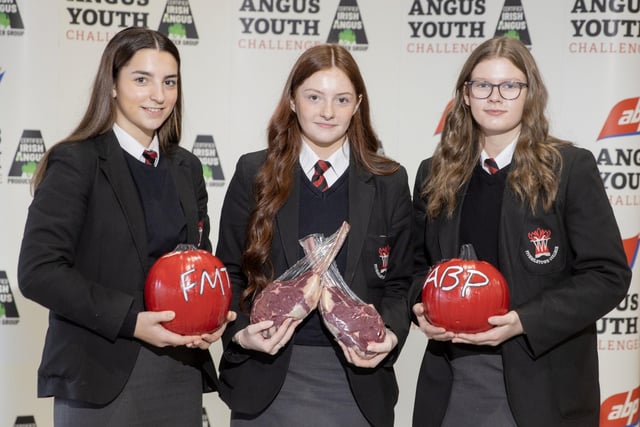 Pictured taking part in the 2023 ABP Angus Youth Challenge Exhibition for a place in the final of the competition is the team from Fivemiletown High School: Courtney Browne, Lilly Maxwell and Kylie McKewon. Absent from the team picture is Sophie McDonald.