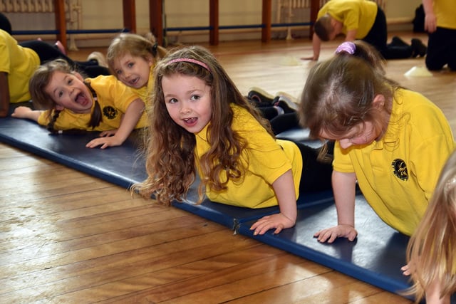 Hart Memorial P2 pupils attempting press-ups during the Sport For Schools exercise day. PT11-225.