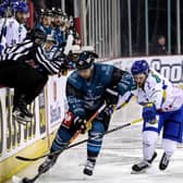 Belfast Giants' Gabe Bast with Fife Flyers' Bari McKenzie during a Challenge Cup game at the SSE Arena, Belfast.  Picture by William Cherry/Presseye