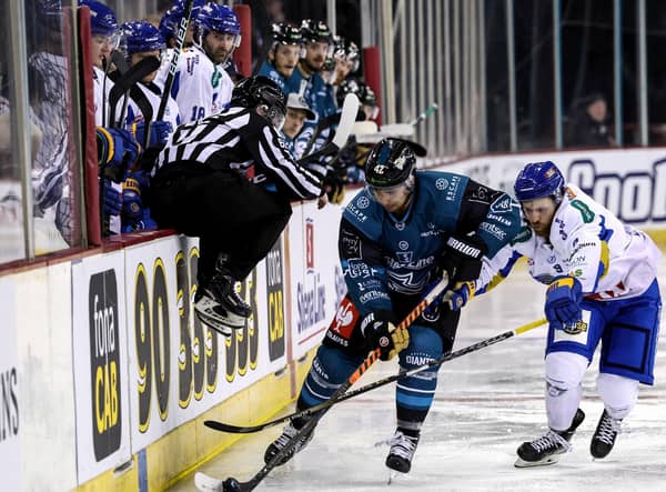 Belfast Giants' Gabe Bast with Fife Flyers' Bari McKenzie during a Challenge Cup game at the SSE Arena, Belfast.  Picture by William Cherry/Presseye