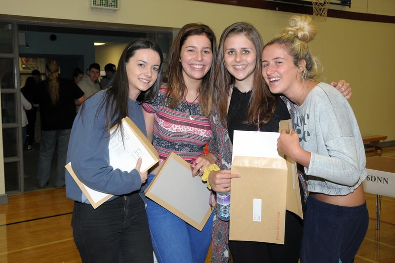 All smiles at Ulidia College on A Level results day in 2016 are Anna Maguire, Phoebe Cochrane, Jessica Martin and Victoria McKendrick. INCT 34-213-AM