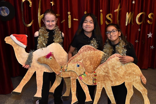 Playing the camels in the Ballyoran Primary School nativity play are from left, Erin, Dercie and Varshita. PT50-611.