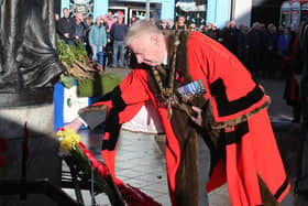 Mayor Cllr Stephen Callaghan lays a wreath to mark Armistice Day November 11 at Coleraine War Memorial