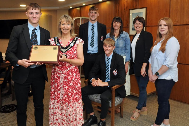 Portadown College had success on the football field, winning the  Northern Ireland Under 18 Plate, with Lord Mayor, Councillor Margaret Tinsley are players, Joe, Isaac and Codey, Mrs Judy Baird, assistant coach, Councillors Julie Flaherty and Kate Evans.