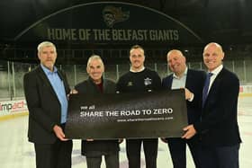 Infrastructure Minister John O’Dowd welcomes The Belfast Giants signing up to the Department’s Share the Road to Zero campaign at the SSE Arena as the winter gets under way. Included with the Minister (from left) are Robert Fitzpatrick, chief executive officer, The Odyssey Trust; Mark Cooper, captain, Belfast Giants, Paul McMahon, chief operating officer, The Odyssey Trust and Steve Thornton, group head of hockey and commercial, The Odyssey Trust