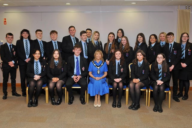 Lord Mayor of Armagh City, Banbridge and Craigavon, Alderman Margaret Tinsley, with the Portadown College prefects and Politics in Action students at the reception to mark the 100th anniversary of the school.