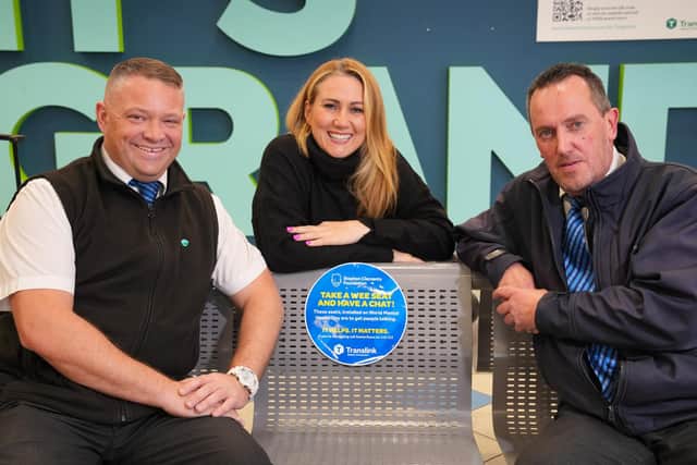 Translink's Jonathan Frizzell and Con Browne pictured with Cate Conway from the Stephen Clements Foundation at one of the chatty chairs.