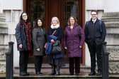 Campaign group No Gas Caverns and Friends of the Earth pictured at the High Court in Belfast where they are continuing their legal fight to stop gas storage units to be built under Larne Lough. Picture: Jonathan Porter / PressEye