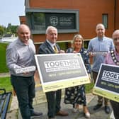 Celebrating Good Relations Week 2023 are Sean McElhatton, Good Relations Officer, Mid Ulster District Council, Chair of the Community Relations Council Martin McDonald MBE, Paula Kelly, Good Relations Officer, Mid Ulster District Council, Jim McArdle, Northern Ireland Executive Office, Chair of Mid Ulster District Council, Councillor Dominic Malloy and Peter Day, Director of Community Engagement at the Community Relations Council. Credit: Simon Graham