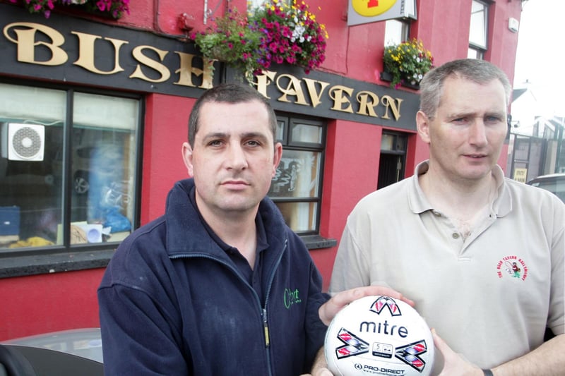 Craig Black (right), owner of The Bush Tavern, pictured presenting a sponsored ball to Riada FC Res Manager Gerard Duffy back in 2010