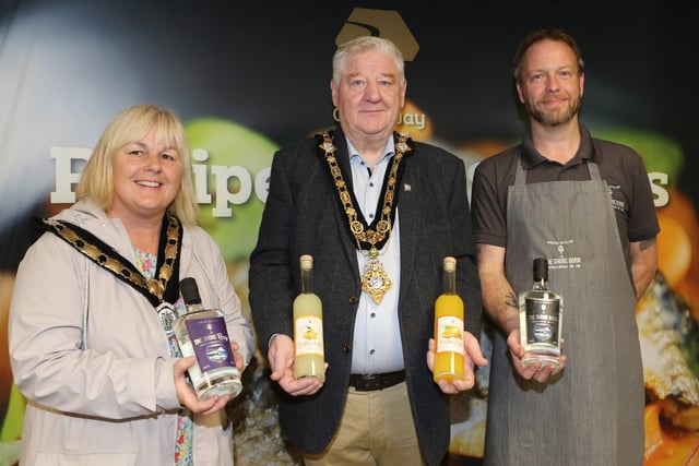 Simon Hogg with the Mayor and Deputy Mayor pictured  at the Bushmills Salmon and Whiskey Festival
