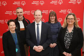 Laura Matchett, Principal of Rosstulla school pictured alongside Shaun Cassidy, Special Olympics Ulster Regional Director, Gordon Lyons, Minister for Communities, Angela Litter, Chairperson of Special Olympics Ulster and Karen Campbell, Representative on the Inter-Departmental Oversight Group for Special Olympics. Picture: Phil Smyth Photo