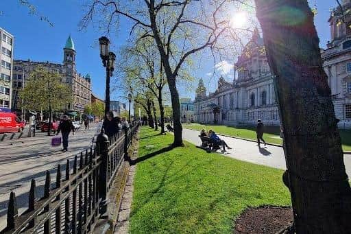 Belfast City Centre near City Hall in sunshine on April 17, 2025
