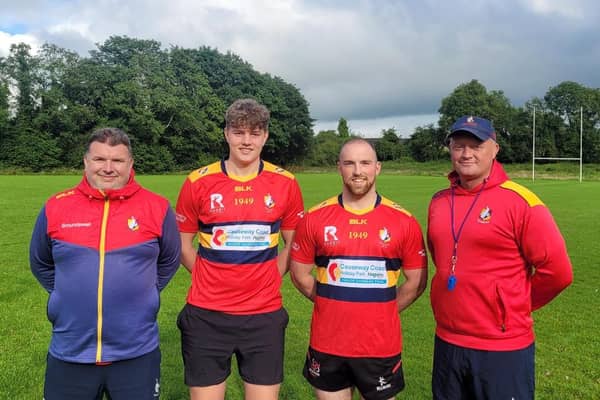 Aaron Weir (Ballyclare RFC Director of Rugby), David Gillespie, Adam Campbell and Mike McKeever(Ballyclare RFC Head Coach). (BRFC).