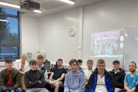 Aine McGreeghan,  Deputy Head of School for Engineering at SERC Engineering students and apprentices who took part in a virtual exchange with engineering students at  Sasebo College, National Institute of Technology in Japan (on screen) (L-R)  James Denvir (Downpatrick), Michael Read (Ballymena), Luke Kerr (Lurgan) Thomas Kell (Belfast), Ross Morrow (Dromore), Rory Kinnear (Hillsborough), Zak Lindsay (Lisburn), Jamie Elliott (Lisburn), Lukasz Zak (Lisburn) and Neil Largey (Belfast) who gave a presentation on his apprenticeship role with Linamar Engineering in Lisburn. Pic credit: SERC