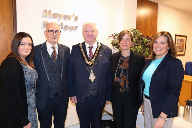 Pictured alongside the Mayor of Causeway Coast and Glens, Councillor Steven Callaghan and Julienne Elliott, Council’s Town & Village Manager are representatives of the winners of Bronze in Best Healthcare at the recent High Street Hero Awards.