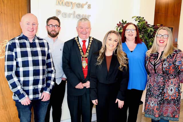 Codie Murray, Jamie Campbell, Tori McIntyre, Linda McKendry and Danielle McKee pictured with Cllr Ivor Wallace Mayor of Causeway Coast and Glens Borough Council at a civic reception at council headquarters in Coleraine for CAN representatives