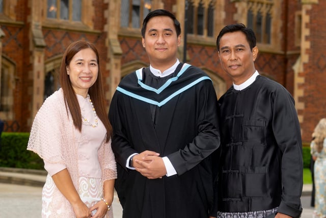 Min Hiet Aung, from Myanmar, pictured with family at Queen's University Belfast.