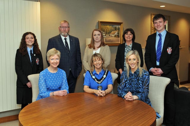 Lord Mayor of Armagh City, Banbridge and Craigavon, Alderman Margaret Tinsley, with Miss Gillian Gibb, principal of Portadown College, Carla Lockhart, MP and standing, Becky Irwin, head girl; Doug Beattie, MLA; Councillor Kate Evans; Councillor Julie Flaherty and John Speers, head boy.