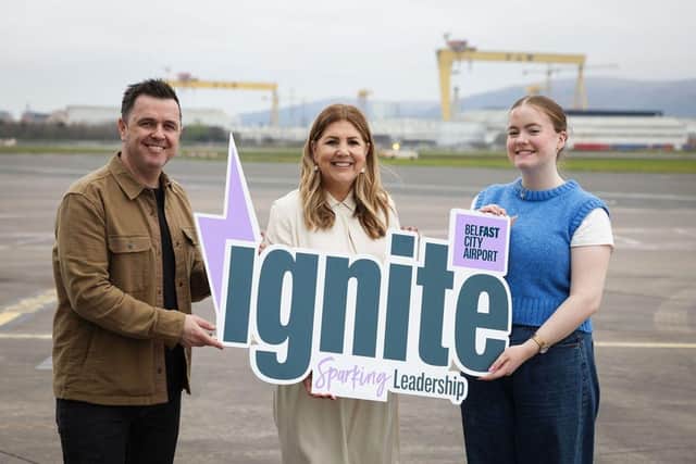 L-R Pete Snodden, Northern Irish radio presenter, Michelle Hatfield, Chief People and Marketing Officer at Belfast City Airport and Nell Cullen, IGNITE graduate.