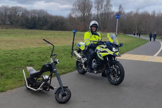 Police in Armagh, Banbridge & Craigavon said: "Brownlow NPT with the help of the local community identified a motorbike being used recklessly around Craigavon Lakes today (Tuesday).  The motorcycle has been seized and will be disposed of. The bike was clearly no match for Sgt Hull and his patrol vehicle of choice today."