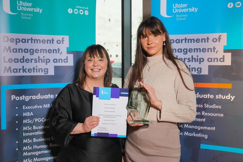 Dr Donna Towe (left), BSc Hons Marketing course director, congratulates Natalia Sulkowska, from Cookstown, a BSc Hons Marketing student who won the Department of Management, Leadership & Marketing Award for highest achieving first year student