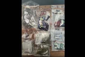 Items seized during the search of a vehicle and its occupants in Newtownabbey. Picture: PSNI