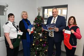 Pictured with some of the gifts are Maghaberry Prison Governor David Savage, Senior Officer Anita Payne, Clare Stewart, Mothers Union Trustee and Brigid Murray, NIACRO. Picture: Michael Cooper
