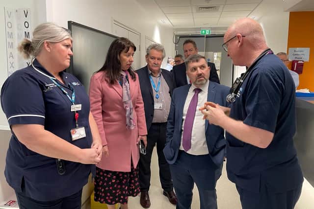 (L-R)  Interim Clinical Manager, Maggie Magowan, Chief Executive Roisin Coulter, Medical Director Charlie Martyn, Ulster Hospital Trust Chairman, Jonathan Patton, Health Minister Robin Swann and Emergency Medicine Consultant, Dr Sean McGovern. Pic credit: SEHSCT