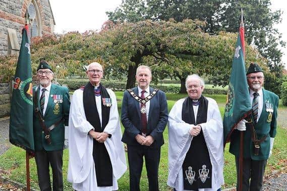 RUC standard bearers pictured with the Rev Campbell Dixon, Ald Stephen Ross and the rector of Kilbride, the Rev Canon David Humphries. (Photo: David Holmes).