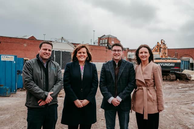 Pictured left to right: Jonathan Cleary, Cleary Contracting; Valerie McLernon, manager, Fairhill Centre; Ryan Walker, Magmel Ballymena Limited and Tanya McKeown, TDK. Photo: submitted
