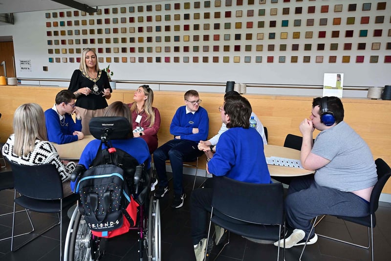 Mayor of Antrim and Newtownabbey, Councillor Leah Kirkpatrick chatting to pupils from Riverside Special School.