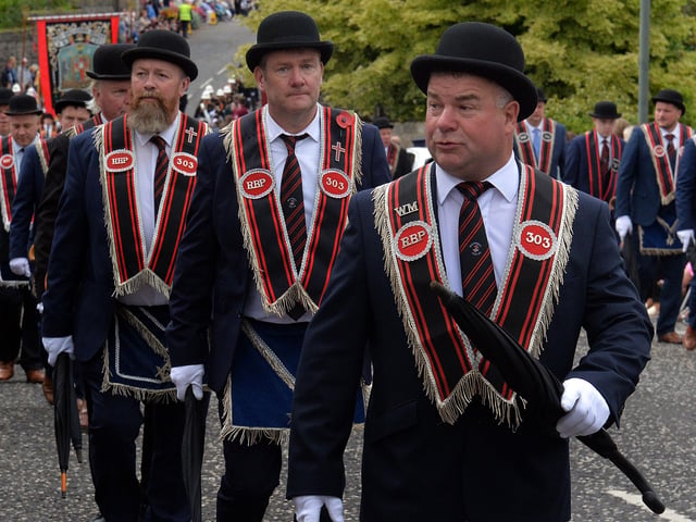 Sir Knights from East Tyrone District on the raod during the RBP Last Saturday parade in Loughgall. TH22.