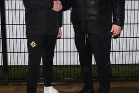 LCCC Chief Executive is welcomed to Ballymacash Sports Academy by Lisburn Castlereagh Junior League Chairman, Chris Budd.