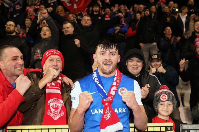 Larne's Lee Bonis celebrates with fans at Seaview.  Photo by David Maginnis/Pacemaker Press