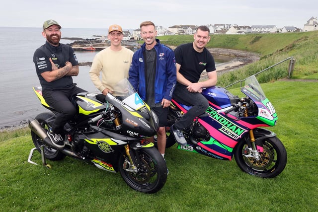 Pictured at the launch of the Armoy Road Races at the Bayview Hotel, Portballintrae are, road racers, Jamie Coward, Dominic Herbertson, Paul Jordan and Neil Kernohan.
