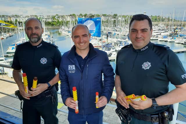Promoting the upcoming marine flare disposal day on Saturday, 15th June are (from left) Inspector Stephen Burke, Greg Yarnall of the Royal Yachting Association NI and Constable Wayne Robinson.CREDIT PSNI