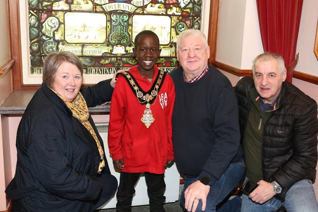 Pictured at the Abaana New Life Choir civic reception held in Coleraine Town Hall - Mayor Steven Callaghan, Maurice Bradley MLA and Ruth Callaghan with one of the choir members.