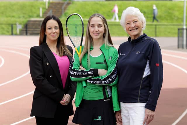 Pictured L-R is Emma Haughian, Marketing Manager at Hughes Insurance, Lydia McQullian and Lady Mary Peters. Pic Credit: Navigator Blue