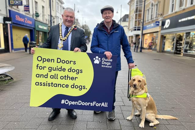 Mayor Ivor Wallace backed the campaign and was joined in Coleraine Town Centre with Garvagh resident IaIn Matthews and guide dog Mac