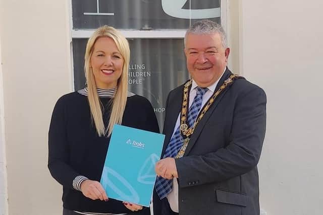 Jane Steen, Team Leader at Links Counselling Service in Coleraine, pictured with the Mayor of Causeway Coast and Glens Borough Council, Councillor Ivor Wallace